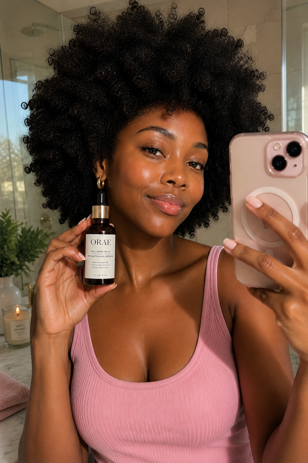 An ORAE customer holding the Melanin Glow Serum in a softly lit bathroom mirror selfie
