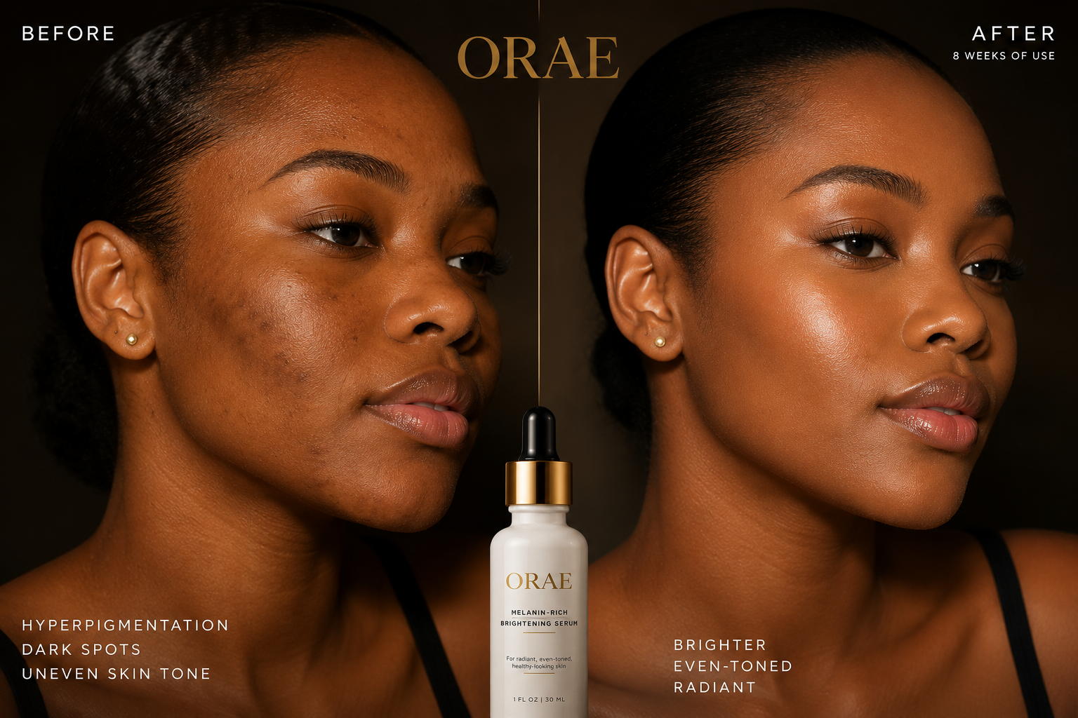 Before and after comparison after eight weeks of ORAE Melanin Glow Serum use, showing a brighter, more even complexion