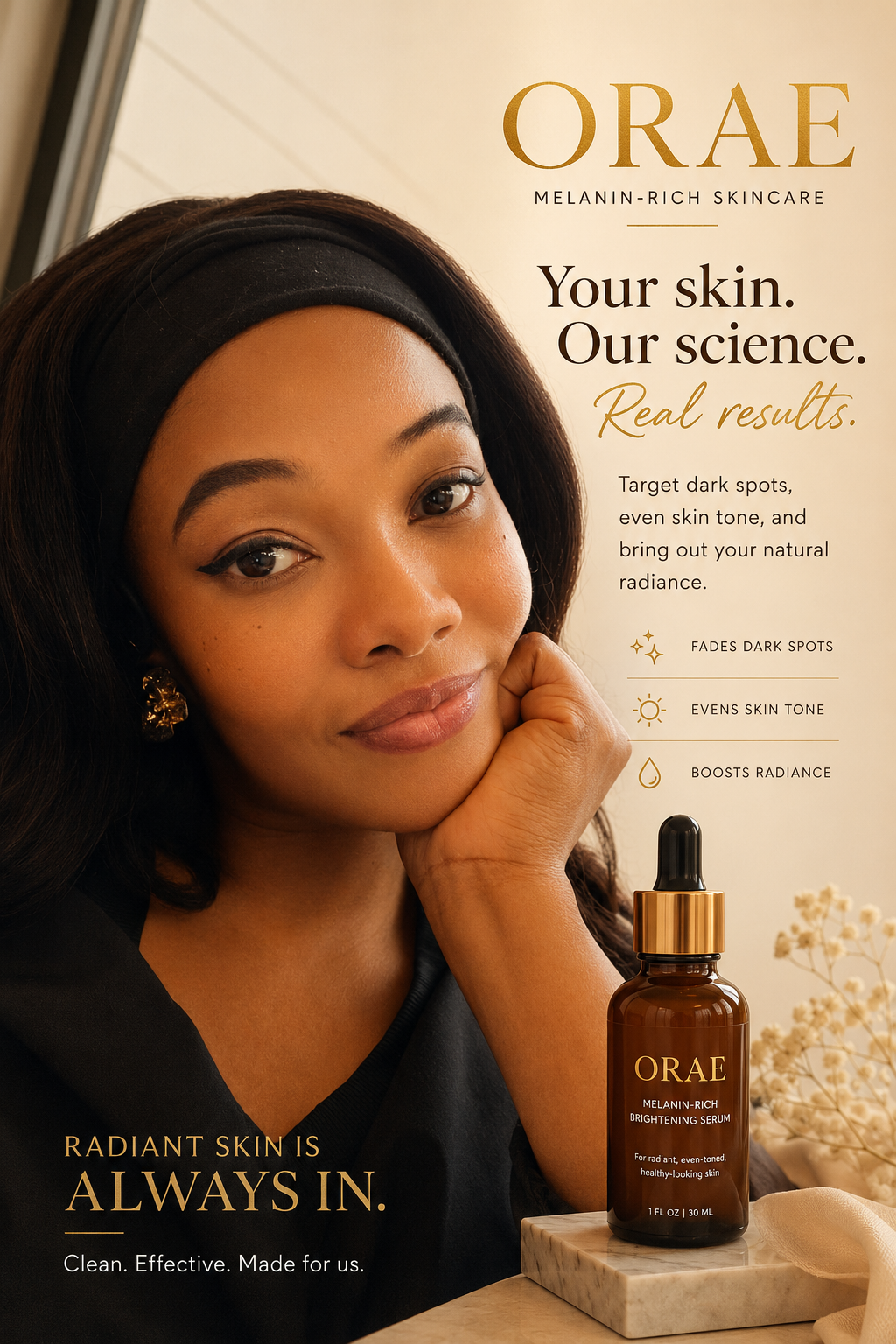 ORAE brand poster reading Your skin. Our science. Real results. beside the amber serum bottle