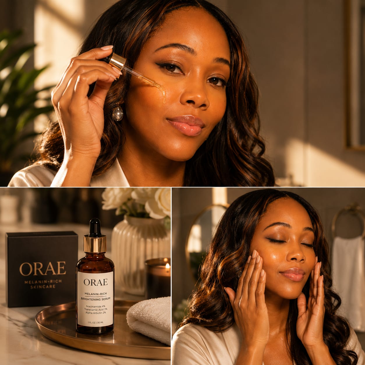 A woman applying ORAE Melanin Glow Serum with the gold-collared dropper in warm morning light