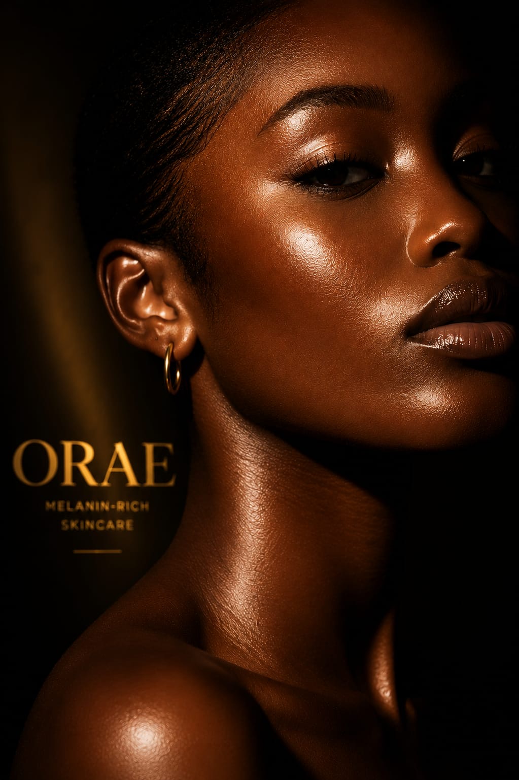 ORAE campaign portrait of a woman with luminous melanin-rich skin and the gold ORAE melanin-rich skincare wordmark